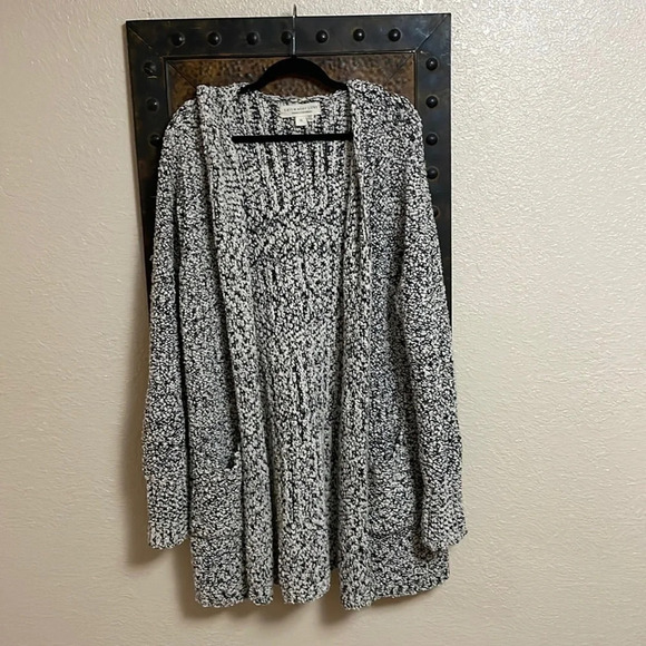 Saltwater Luxe Knit Hooded Sweater XL Cardigan Open Front Black Off White Marled - Picture 2 of 8